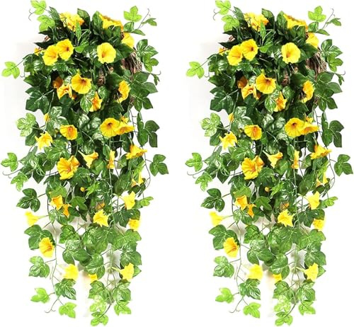 YJWZ 2 Pack Artificial Flowers for Hanging Baskets Fake Hanging Basket Outdoor,Lifelike Fake Morning Glory Hanging Garland for Outdoor Home Wedding Garden/Yard String Floral Decoration