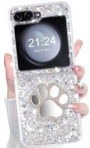 Galaxy Z Flip 5 Case Glitter Love Paw Mirror Flip Protective Cover for Samsung Galaxy Z Flip 5 2023 5G for Women Girl - Paw