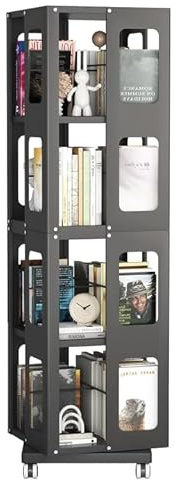 kavey 360° Drehbares Bücherregal, Metall Multifunktionaler Bücherregal, 39×39×139 cm, Schwarz, 4 Ebenen, Ideal für Bücher und Deko