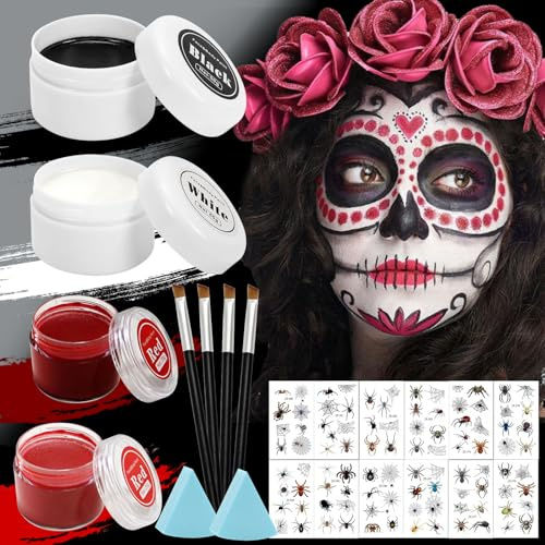 Halloweensminkset, kroppsfärger, svart (50 g) och vit (50 g) med 4 penslar – set med teatersminkning, ansiktsfärg, giftfri, vattentät, långvarig för teatersmink, karnevalsmak, fest smink