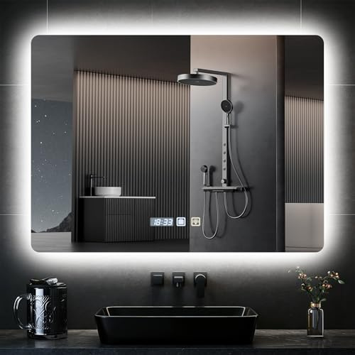 wowspeed Espejos de Baño con Luz LED 80 x 60 cm, Espejo Baño con luz Regulable de 3 Colores, Función Antivaho, Ajuste de Brillo, Interruptor Táctil