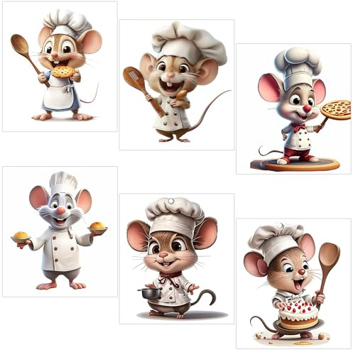6 Pezzi Adesivi Murali Cucina, Adesivo da Parete con Simpatico Topo Chef, Decorazione Murale Autoadesiva Rimovibile, Adesivi Cucina Moderni per Cucina, Sala da Pranzo, Parete Soggiorno