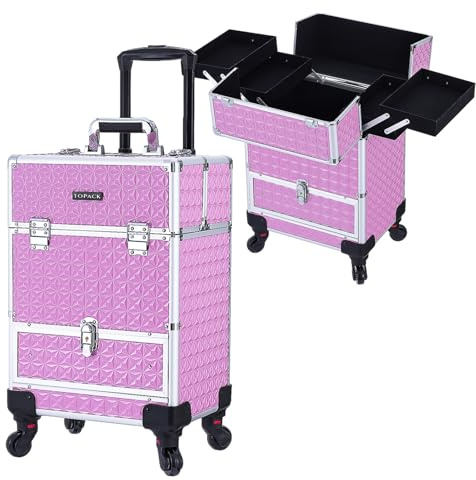 TOPACK Rolling Makeup Train Case,Professional Cosmetology Case on Wheels,Large Cosmetic Organizer Trolley Case,Makeup Travel Case with Draws,Nail Artist Hairstylist Storage Traveling Cart Trunk, all