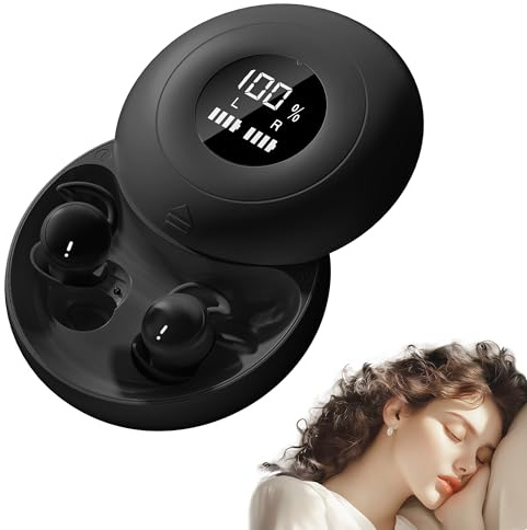sunvito Écouteurs de Sommeil, Mini Écouteurs Bluetooth 5.4 Invisibles en Silicone Liquide avec Affichage de Puissance, pour Sport, Travail et randonnée - Noir