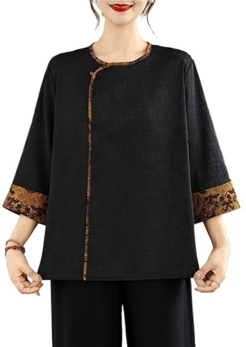 Blusa De Satén De Seda Con Estampado Patchwork Para Mujer, Estilo Chino Camisas Holgadas Con Cuello Redondo Y Mangas 3/4 Blusa Tradicional Hanfu(XXL)