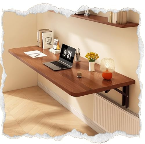 Escritorio flotante compacto de madera para espacios pequeños, mesa plegable montada en la pared con soporte de estante de metal, banco de trabajo portátil, acabado de nogal (120 x 40 cm)
