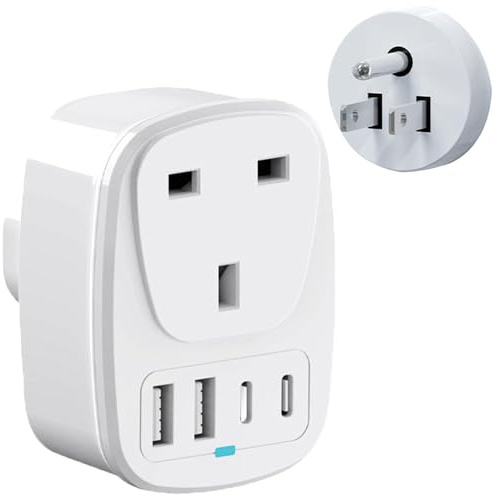 Hao Zhu UK to US Plug Adapter, USA Travel Adapter with 4 Ports & 20W PD Fast Charge, 5-in-1 UK to USA Plug Adaptor for Travel, Child Safety Shutters, White