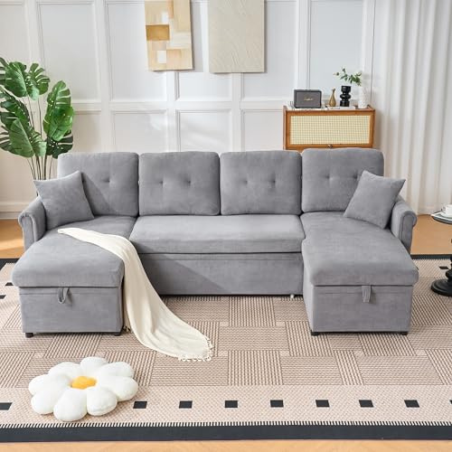 Luscriate Sofa mit Schlaffunktion U Form | Großes 4-Sitzer Schlafsofa mit Stauraum | Samtstoff Bezug | 266 cm Breite | Extra Tiefe Sitzfläche | Für Wohnzimmer