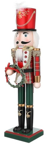 Uonlytech Casse-Noisette en Bois 38 CM Rouge et Vert Décoration de Noël Traditionnelle Ornement Festif pour Table et Intérieur Figurine Soldat Couronne Décorations de Noël Intérieures