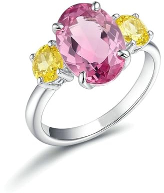 Freundschaftsringe Freundinnen, Freundschaftsringe Dünn 3 Steine mit Im Labor Hergestelltem Rosa Saphir und Gelbem Saphir 9K Weißgold Größe 49 (15.6)