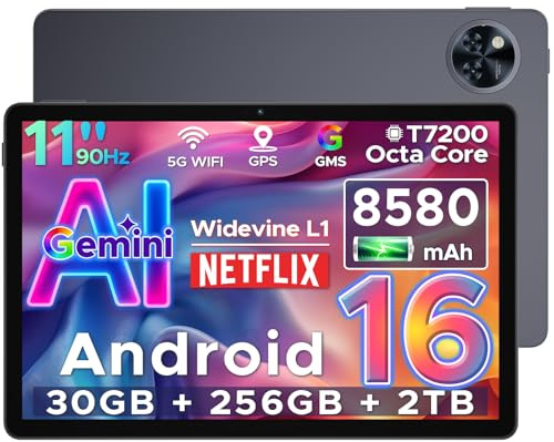 U11 PRO 2026 Tablet Android 16, 30GB+256GB/2TB Gemini AI, 8580mAh 7.9mm Thin Tablet 11 Pollici, T7200 Octa Core Tablets Gaming, 90Hz 1080P 13MP+5MP, Widevine L1/Face ID/5G WiFi/BT5.0/OTG/GPS, Grigio