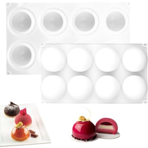 Silikonform Kugel, 2 Stück Silikon Backform Kugel 8 Löcher, Halbkugel Schokoladenform Ø 66 mm für Schokoladenkugeln, Kuchen, Gelee, Pudding, Kuppelmousse, Weiß