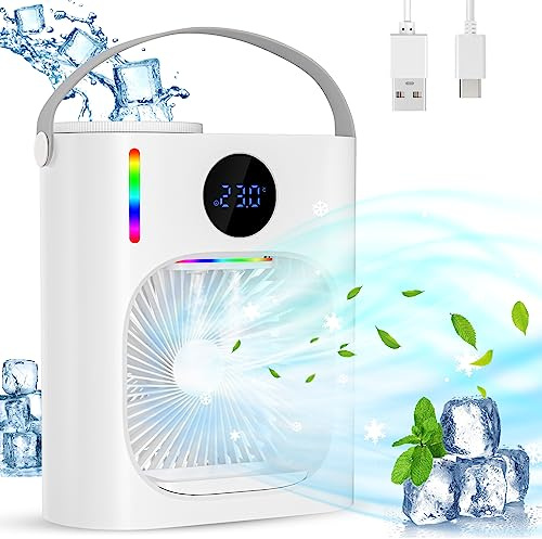 Ambesty Aire Acondicionado Portatil de 900ML,4 en 1 Mini Refrigerador de Aire Móvil Ventilador,USB Mini Enfriador de Aire con 3 Velocidades Luz RGB para Dormitorio y Espacios Pequeños