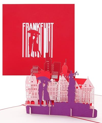 Grußkarte „Frankfurt - Panorama“ - 3D Pop Up Karte der Frankfurter Skyline mit Altstadt & Dom – Städtekarte als Souvenir, Einladung & Reisegutschein zum City Trip nach Frankfurt am Main