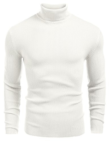 COOFANDY Men's Jumper Turtleneck Knitted Long Sleeve Roll Neck Top White L