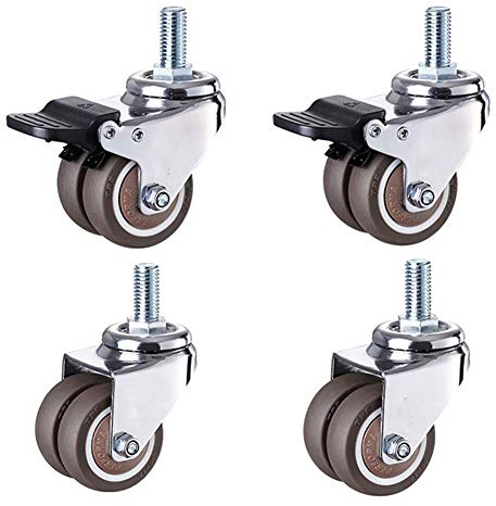 JincaiSC Gewinde M12 Lenkrollen für Möbel klein 1,5 '' / 50mm, Zwillingsräder Leise Gummi Rollen mit Bremse Für Kinderbett & bürostühle 150kg Staubdicht Leise Rollen Für den Wagen 4 Stück