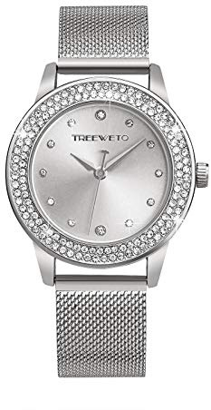 TREEWETO Damenuhr Analog Quarz Armband Armbanduhr Kristall Mesh Edelstahl Gürtel Damen Quarz Diamant Klassische Mode Romantisch Rosegold/Silber
