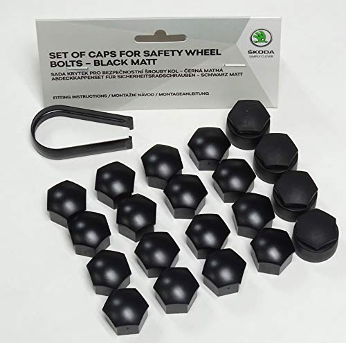 Skoda Genuine Alloy Wheel Bolt Nut Caps Covers 17mm Bolt Caps SET (Black Matt + Tool)