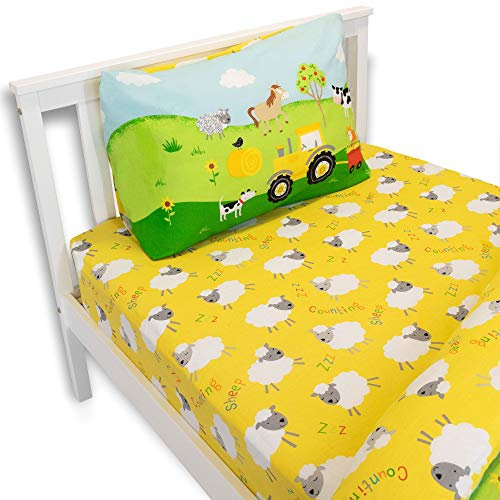 Girls Boys Kids Farm Animals Counting Sheep Yellow Toddler Cot Bed Fitted Sheet