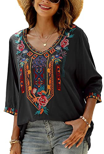 Seasonal Maglietta Estiva da Donna con Ricamo, Camicia Ricamata, Scollo a V, Maniche a 3/4, Top a Tunica, da Donna,Nero-328,L