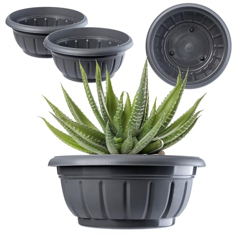 KADAX Blomskål, rund växtskål, planteringskruka av plast, väderbeständig blomkruka för utomhusbruk, blommor, växter, trädgård, balkong, planteringskärl (⌀ 34 cm, set om 2, antracit)