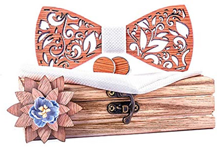 Noeud Papillon en Bois - Ensemble de 4 Pièces Fait Main, Broche, Carré de Poche et Boutons de Manchette