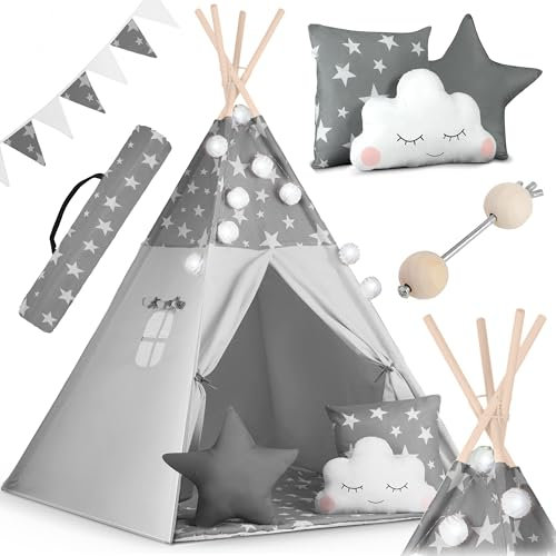 NUKIDO Kinderzelt Tipi Zelt Baumwolle Holzrahmen Bezauberndes Design Entwicklungsförderung Leicht zu reinigen 120x120x165cm Girlanden Lichter Grau