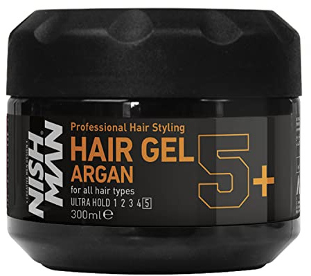 NISHMAN Hair Styling Gel 5+ Argan 300 ml – Tenue ultra forte à l'huile d'argan pour une brillance durable et des cheveux soignés et sains