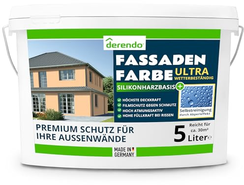derendo Fassadenfarbe Terracotta Silikonharzfarbe Hellorange aussen 5l | Für Putz Beton, Abperleffekt, wasserabweisend, UV-beständig, hohe Deckkraft, rissfüllend, diffusionsoffen, Made in Germany,