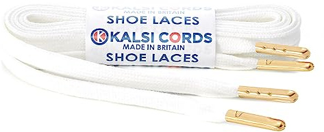 Premium Flat Cotton Shoe Laces Replacement Shoelaces for Kids & Adults Sneakers Trainers Boots Black White & Sail Cream Off White - Gold or Silver Metal Tips (White - Gold Metal Tips, 100cm Pair)