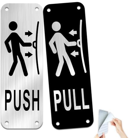 Goodvia Push Pull Door Signs Self Adhesive Brushed Aluminium 2x5.9 inches Black and Silver 2pcs