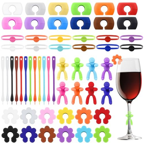 Furuising 56 Stück Glasmarkierer Silikon, Wiederverwendbare Glas Markierung Trinkgläser, Bunt Glasmarker Getränke Marken Weinglas Marker für Champagnerglas Cocktail Bar Party