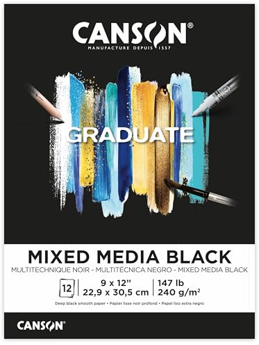 Canson Graduate Black Mixed Media Pad, Foldover, 22,9 x 30,5 cm, 12 Blatt – Künstlerpapier für Collage, Aquarell, Tinte, Bleistift, Marker