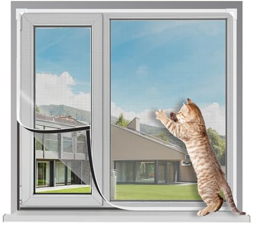 OWYR Adjustable Magnetic Fly Screen Window - DIY Fit Up to 120x190cm, Fiberglass Insect Mesh for Mosquito Net & Bug Screen, Full Frame Magnetic Strip Easy Installation (White Frame Grey Net)