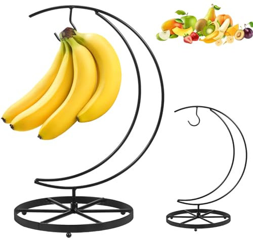 Banana Holder Stand, Hanging Fruit Racks with Hook & Wider Base, Rust-Proof Metal Banana Hanger Hook Multifunctional Banana Tree Stand Banana Rack Vegetable Rack for Kitchen Countertop (Moon Style)