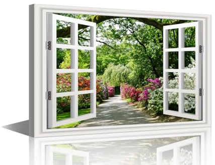 Wall Art Office 1Piece Fake Window Garden Winding Road Flowers, Plants, Tree Natural Scenery Poster Printing Artwork for Meeting Room School Dormitories Study Farmhouses Wall Decor (16Wx24H)