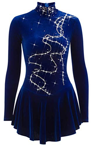 YDHTIZ Eiskunstlauf Kleid Für Mädchen/Damen Langärmlige Blaue Samt Ballettröcke Eislauf Wettkampf Eislaufbekleidung Gymnastik Performance Trikots