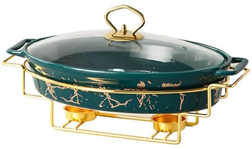 Chafing Dish Buffet Set, Ceramics Marble Finish Chafing Dish, 1 QT Oval Chafers Dish Buffet Set for Parties/Banquets/Catering Events,Green