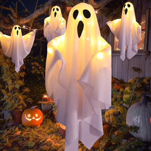 Halloween Ghost Pendant Decorations Lamp, Ghost Pendant Decorations Lamp, Halloween Ghost Light with Flexibly Adjusted Poses, Hanging Decorations Outdoor Family Party-1PC White