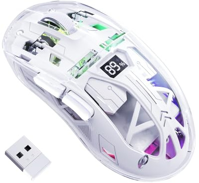 FREEWOLF A2 Kabellose Gaming-Maus, Dual-Mode 2,4G/Bluetooth PC-Gaming-Mäuse, RGB-Maus mit Akku-Display, Transparente Hülle, PixArt 3212, 4000 DPI 5 Einstellbar, für Win/MAC - Glasiertes Weiß