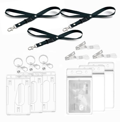Ausweishülle mit Lanyard,Schlüsselanhänger, Clips, harter klarer Abzeichenhalter, Durchsichtige Kartenhülle,Badge Holder Karten für Ausweishalter,ausweishüllen, (3 Set Vertical)