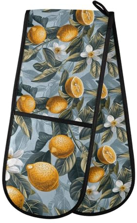 Oven Gloves Double Oven Gloves Light Blue Lemon Flower Oven Mitts Pot Holder Heat Resistant Quilted for BBQ Baking Kitchen Cooking Gloves