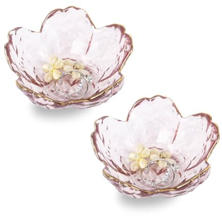 Nideen 2 Pack Trinket Dish Glass Jewellery Ring Dish Holder, 3.27× 1.42 inches Jewellery Plate Trinket Tray Key Dish for Hallway(Pink)