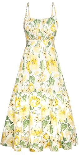 GRACE KARIN Women's Summer Dresses Spaghetti Straps A-Line Midi Dress Sleeveless Floral Beach Dress Yellow Flowers L