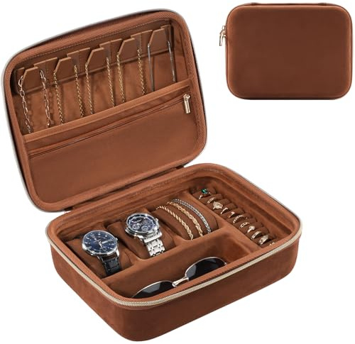 ProCase Mens Travel Jewelry Case, 3 Slots Watch Travel Case, Watch Accessories Carrying Case, Glasses Necklaces Rings Bracelets Zippered Organizer Bag for Men -Brown