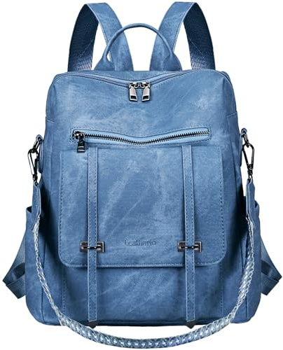 Leathario Mochila Mujer de Cuero PU con Multibolsillos, Mochila Casual y Funcional para Uso Diario, Viajes, Escuela y Universidad Azul