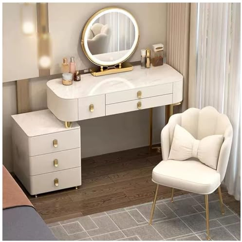 Romyqpipy Tavolo Da Toilette Moderno con Led Specchio Regolabili, Luminosità Regolabile Trucco Postazione con 6 Cassetti In Legno Massiccio, Sgabello, per Camera Da Letto, Soggiorno