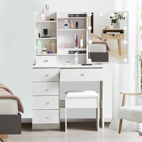 Saimeihome Sminkbord med LED-belysning spegel och pall, 3 dimbara ljusfärger | sminkbord med 6 lådor, 6 fack, 80 x 36 x 130 cm vitt toalettbord för sovrum