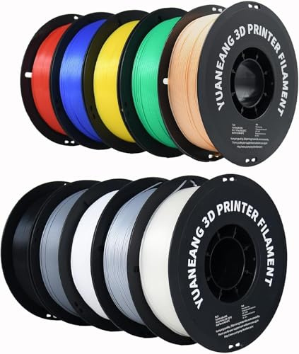 YUANEANG Lot de 10 rouleaux de filament PLA pour imprimante 3D, précision dimensionnelle +/- 0,02 mm, bobine de 1 kg (2,2 lbs), 1,75 mm, 10 kg, dix couleurs : noir, blanc, gris, rouge, bleu, vert