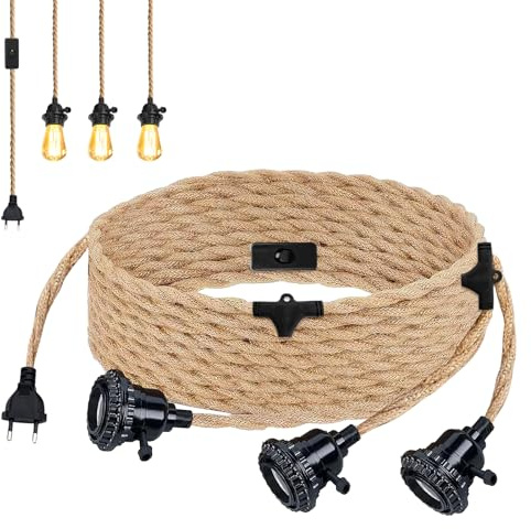 Lampenfassung E27 mit Lampenkabel Vintage, E27 Fassung mit Lampenkabel 6.8M Gedrehten Hanfseil mit Hängeleuchte 3 Flammig, Lampenfassung mit Schalter für DIY Lampenaufhängung Küchen Keller Loft